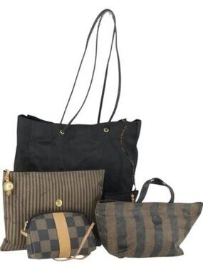 FENDI Pecan Canvas Bag Coated canvas nylon 4 Set Black Brown Auth 160746